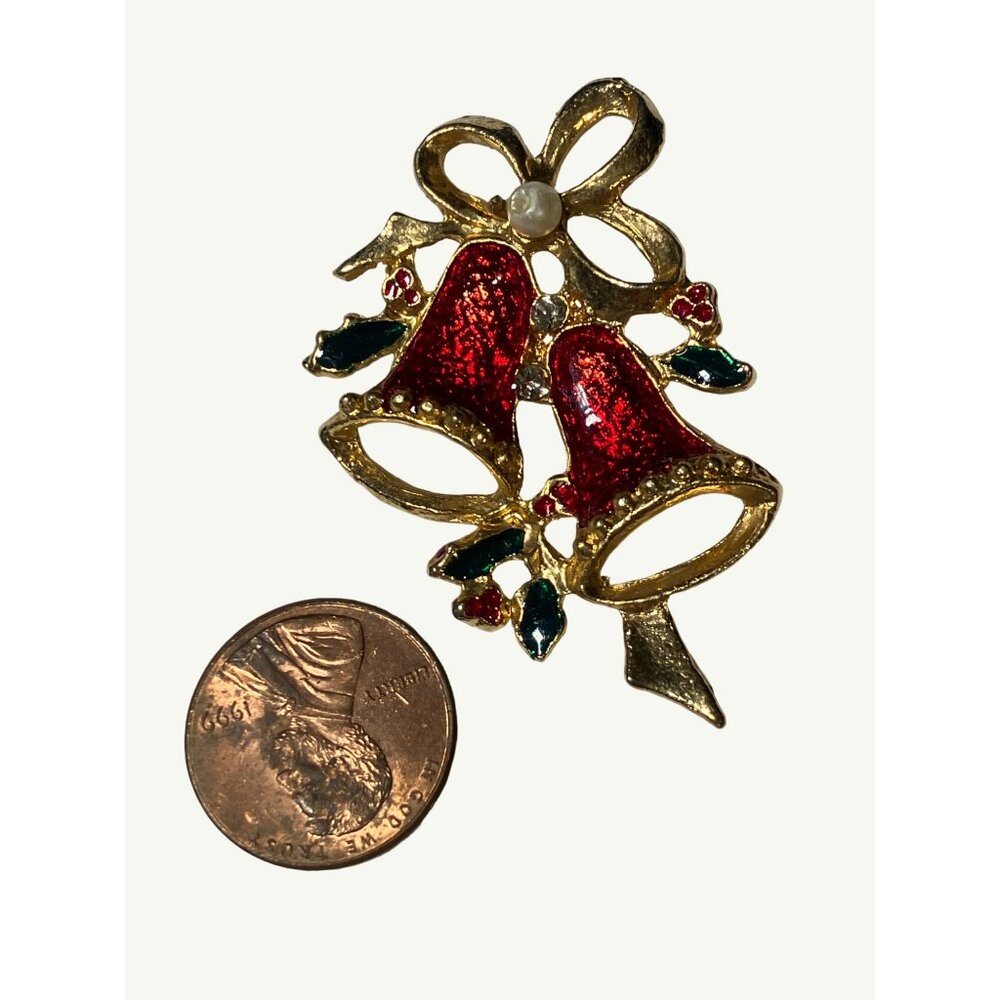 Christmas Red Bell Brooch Pin With Bow And Faux Pearl Accents 2 Inches Vintage - Picture 3 of 5